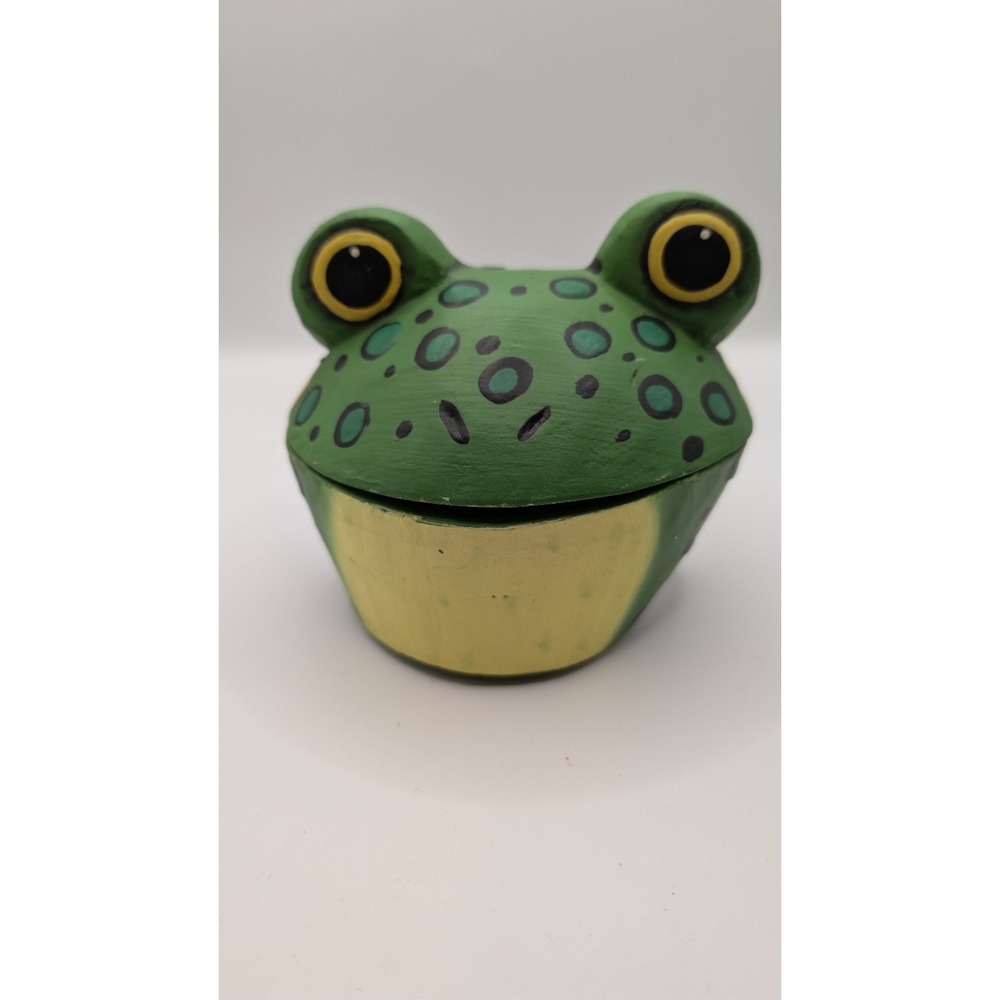 Vintage Hand Painted Wooden Frog Trinket Box Hinged Lid Storage Container